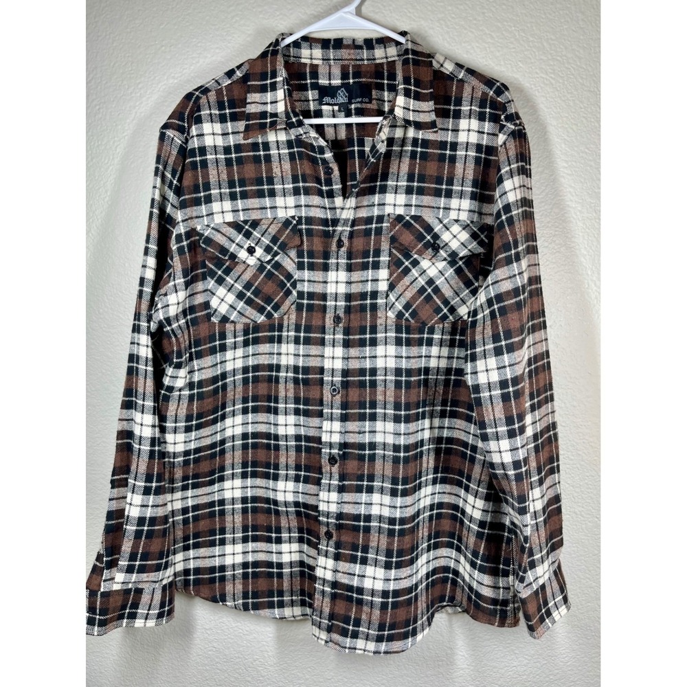 Molokai Surf Co Mens Flannel Long Sleeve Button Up Shirt Brown Plaid Size L